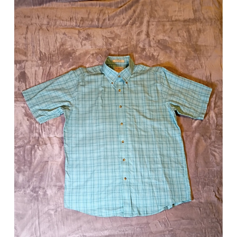 LL Bean Mens Large Short Sleeve Plaid Button Down Shirt Teal Blue Wrinkle Free